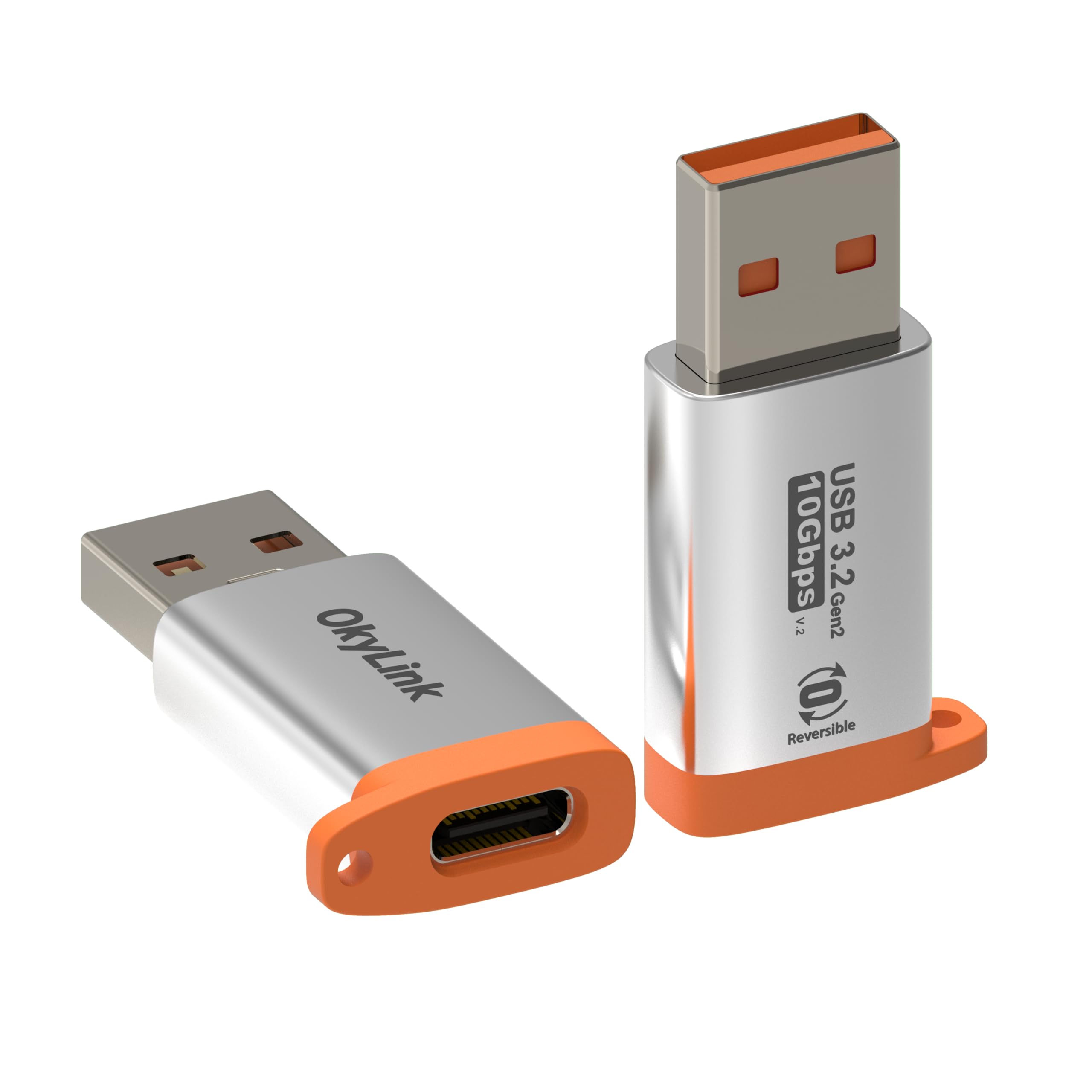 OkyLink Adaptador USB-A a USB-C – USB 3.2 Gen 2 10Gbps transferencia de datos de alta velocidad – Carcasa de aluminio naranja duradera – Puerto reversible USB A macho a USB C hembra para carga rápida