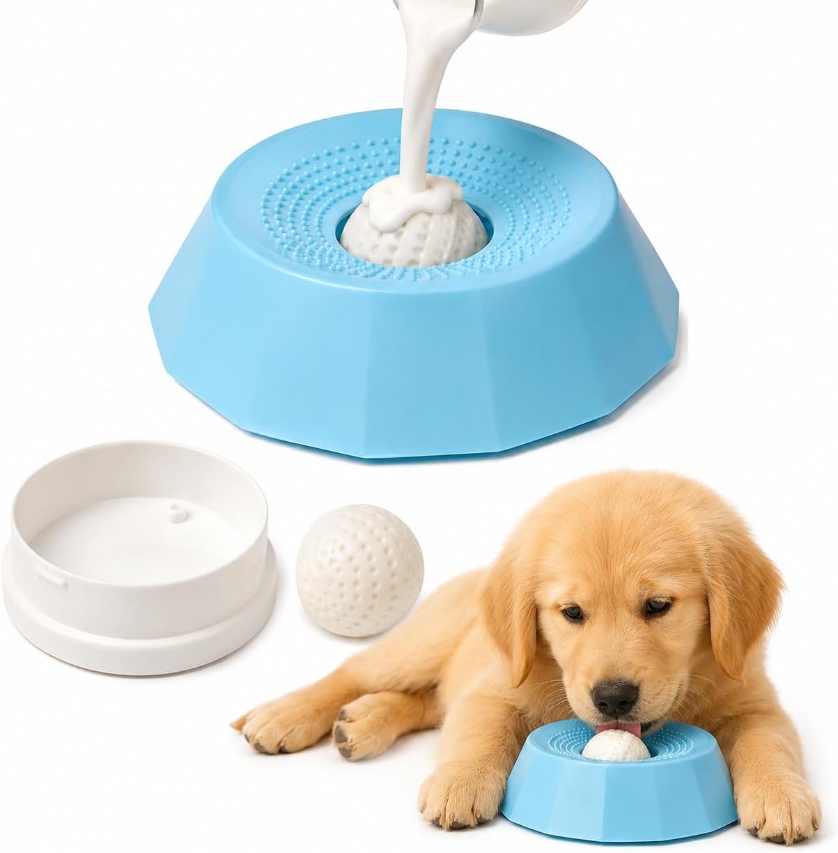 Dog Lick Bowl for Dogs and Cats, Rotating Ball Slow Feeder with Anti-Slip Octagonal Base, Interactive Pet Enrichment Toy for Peanut Butter, Yogurt, Puree and Wet Food