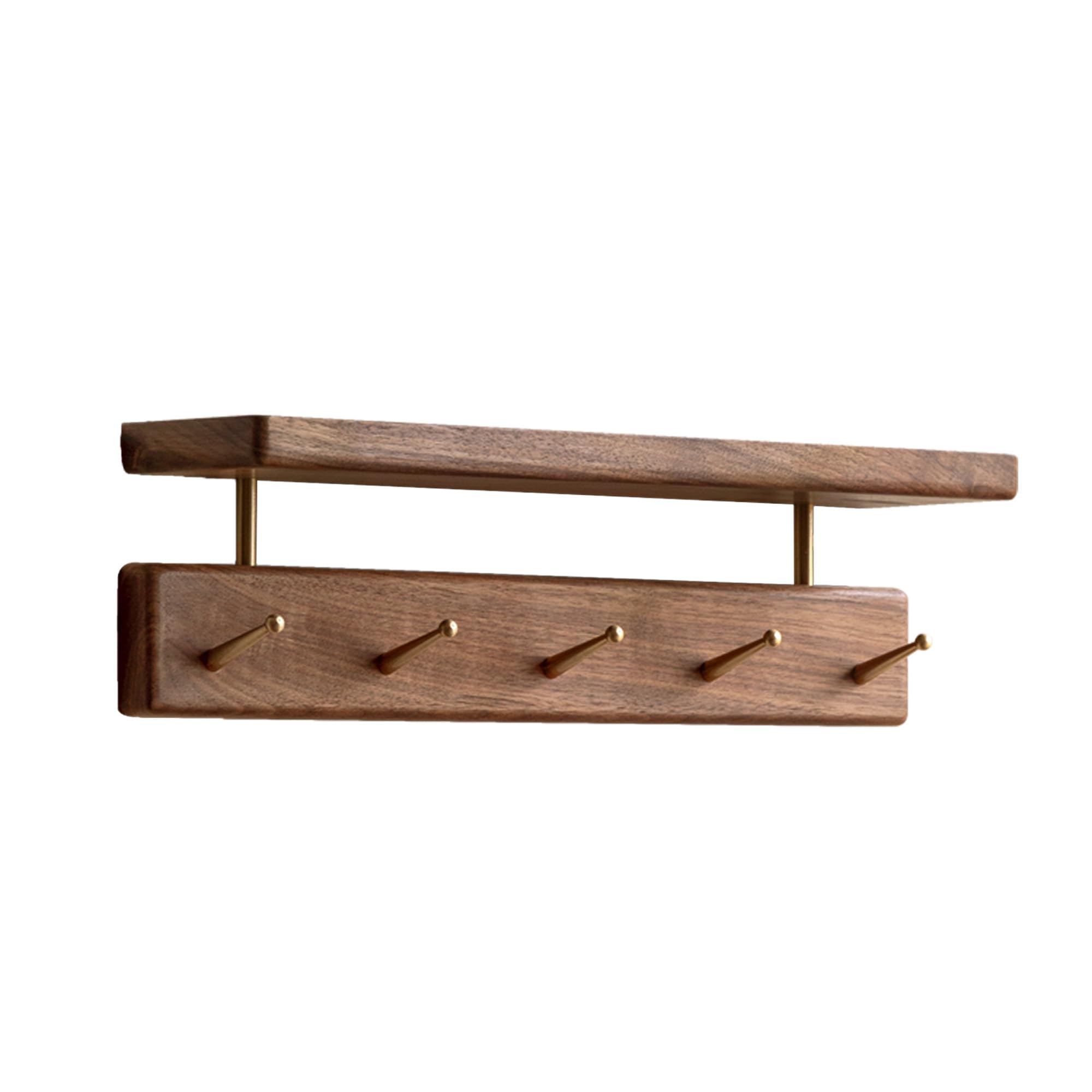 YESWOOD Wandgarderobe aus massivem Nussbaum, 2-in-1 Wandregal & Garderobe, Garderobenleiste für Kleidung, Hüte und Handtücher, 5 Messinghaken, Walnuss