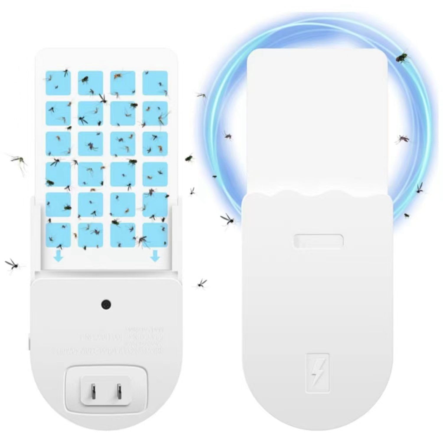 Fly Trap, Fly Trap for Indoor Plug in Blue Light, Odourless, Quiet, No Chemicals, with 5 Packs of Adhesive Pads, White