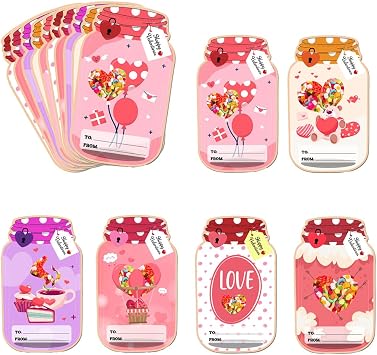 Valentines Day Cards for Kids School, 50 Pack Candy Jar Cards Set, DIY Valentine Exchange Cards with Treat Bag for School, Ideal Valentines Day Gifts for Kids Boys Girls Classroom