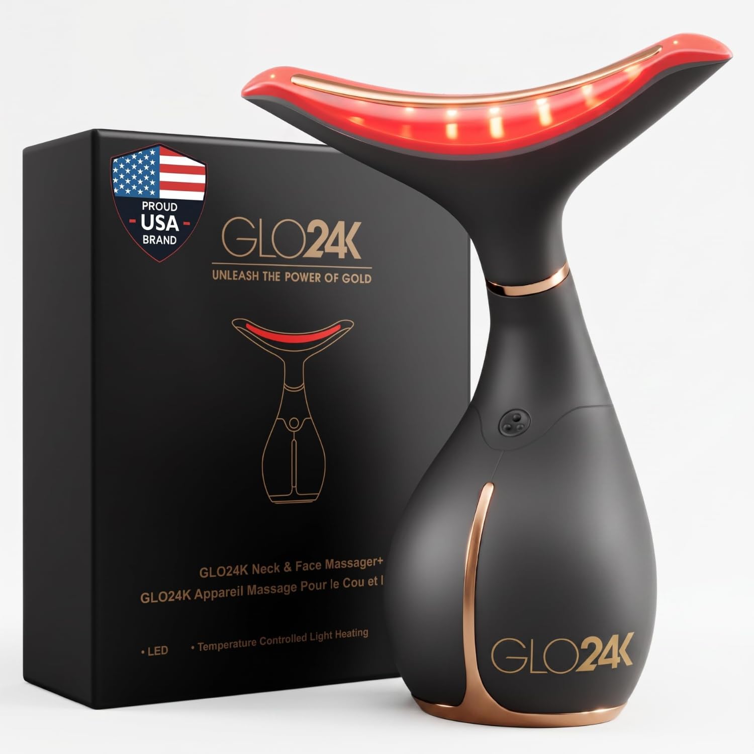 GLO24K - Dispositivo di bellezza per ringiovanimento della pelle per viso e collo. basato su tecnologie a LED a tripla azione, termiche e vibrazioni.
