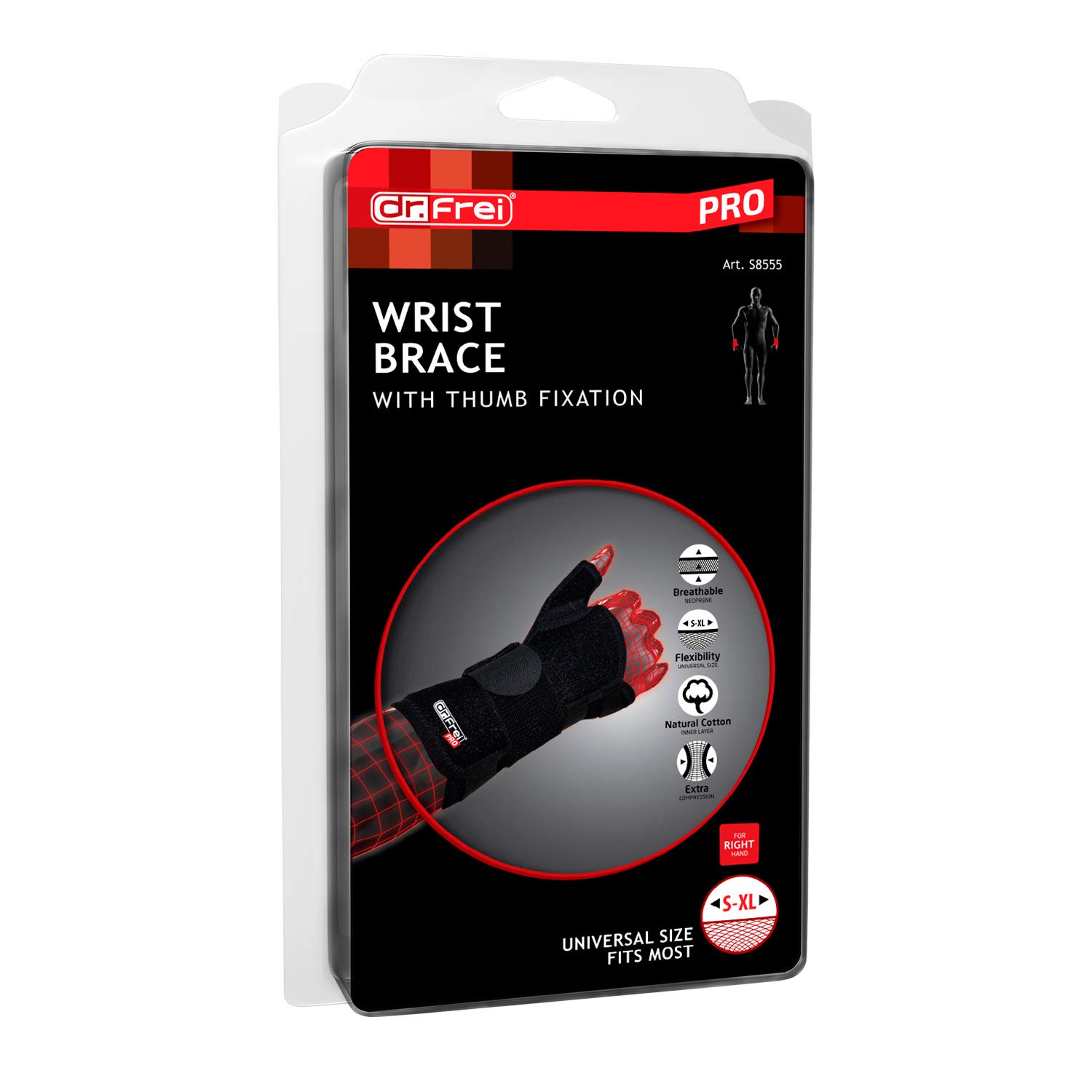 Dr.Frei ProMedical/Sports Wrist Brace with Thumb Fixation Right Hand, Black, Made in EU