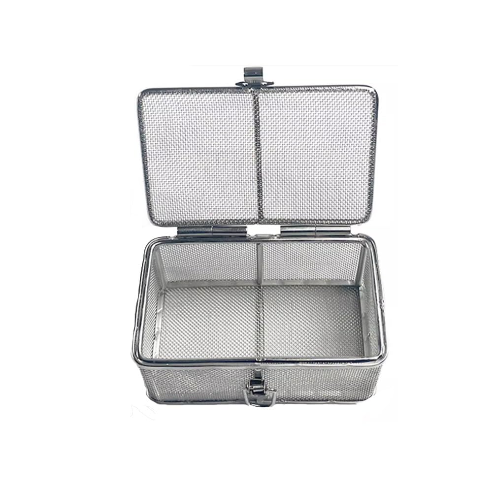Cestino in rete in acciaio inox con coperchio per la pulizia e la sterilizzazione di strumenti chirurgici, custodia per strumenti medici, 40 x 30 x 7 cm, dimensioni maglie: 2 mm