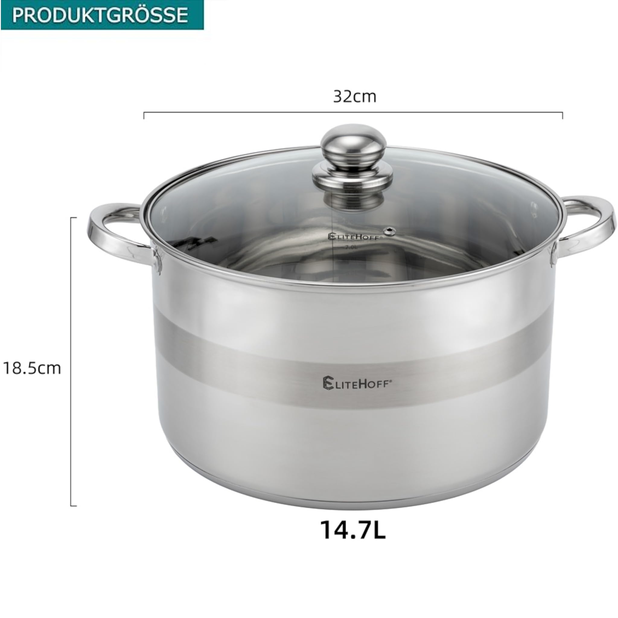 EliteHoff Kochtopf, 7-Lagen Edelstahl Topf Induktion Kochtöpfe Nudeltopf Suppentopf mit Glasdeckel für alle Herdarten Spülmaschinenfest (14.7L - 32 cm)