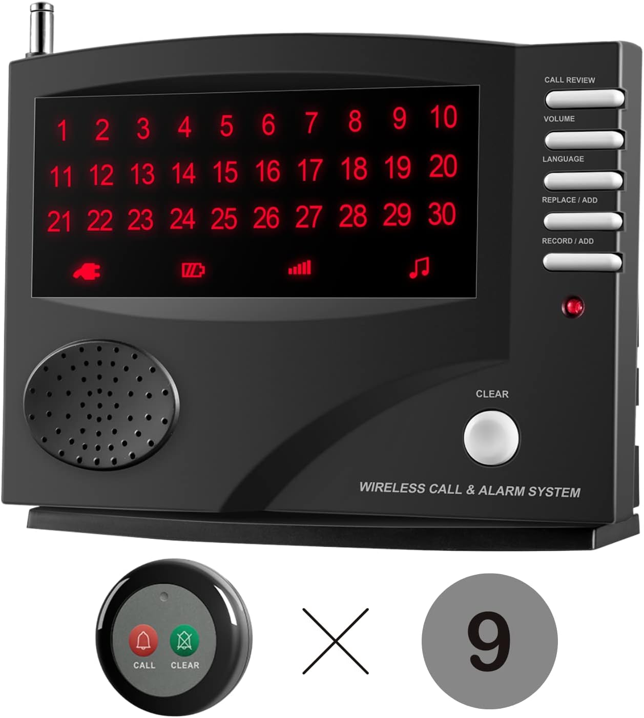Wireless Call System with 9 Dual Function Call Buttons and 1 Central Monitoring Unit Black