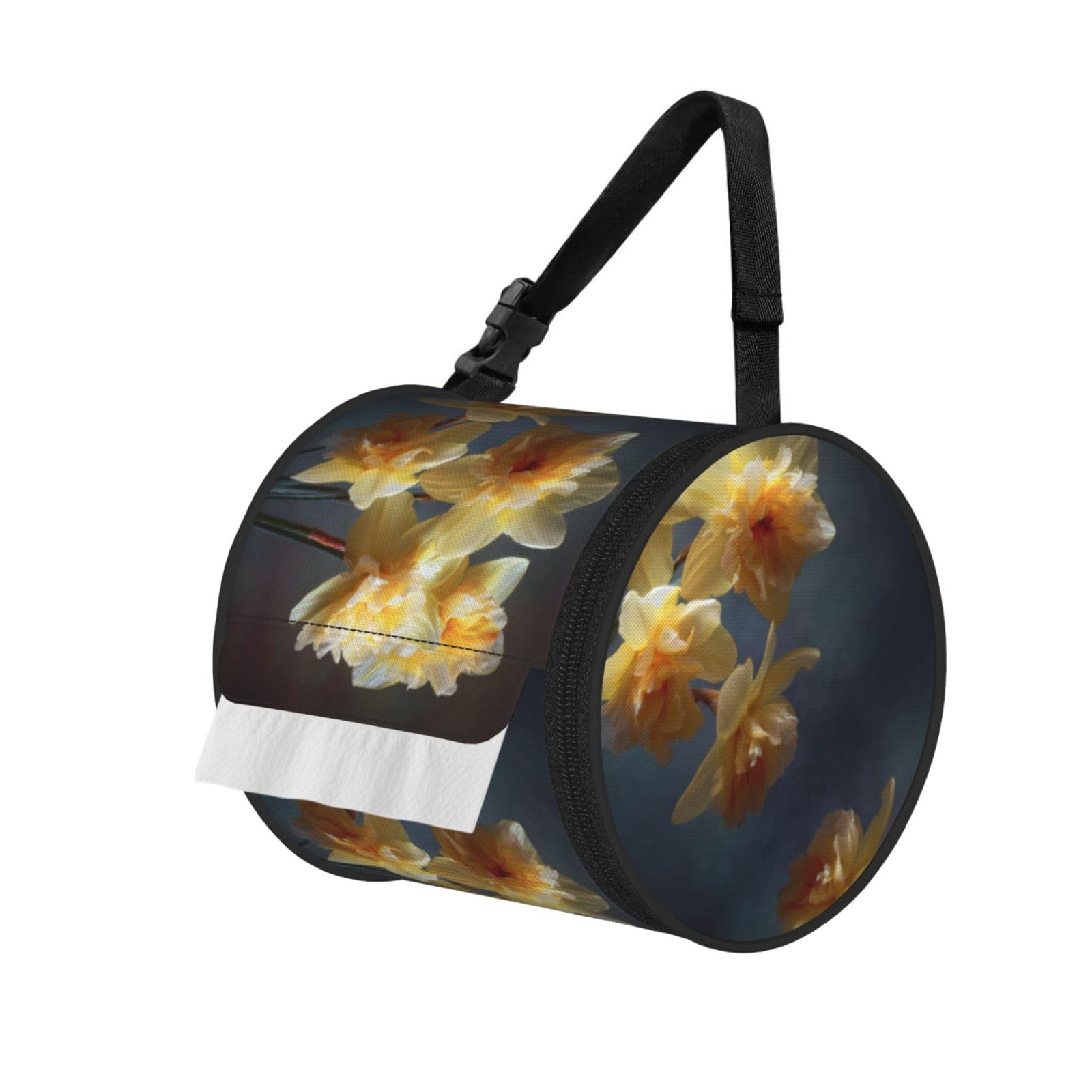 Bouquet Of Daffodils Printed Cylindrical Tissue Bag Portable Oxford Cloth, Foldable Travel Tissue Holder With Zipper And Adjustable Belt