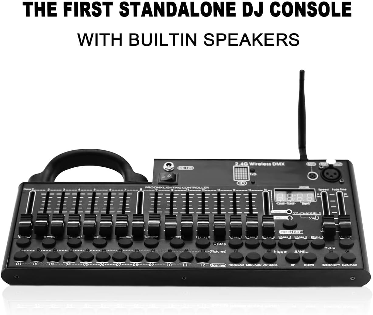 Close-up images of DMX 384 controller features: smooth faders, durable aluminum alloy shell, portable handle, and ability to be powered by a charging bank.