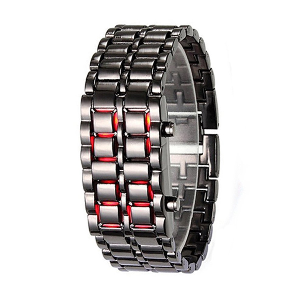 BroadfashionRed Light Black Metal Strap Lava Style Faceless Digital LED Watch Sports Bracelet Wrist Watch