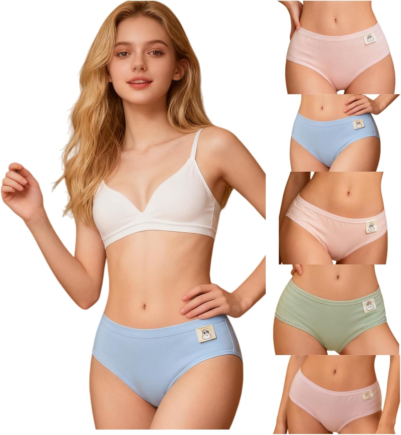 Womens Underwear for Women 5 Packs Panties Cute Cotton Kawaii Japanese-Style Bunny Solid Color