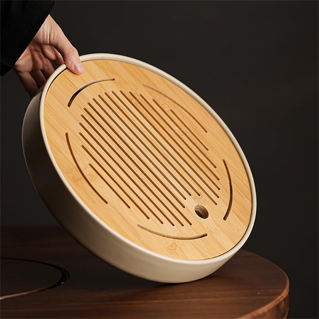 Beige Ru Kiln Pottery Round Tea Tray Household Water Storage Pot Table (As Show Fits All)