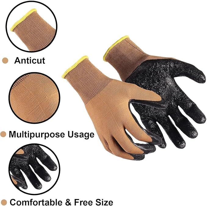 Image of 5Pair Nylon Knitted Latex Rubber Coated Safety Hand Protection Working Gloves For Anti Cut Heat & Fire Resistant Industrial Gloves For Men Women (PACK OF 10Gloves) (Brown-nylon-5pair)