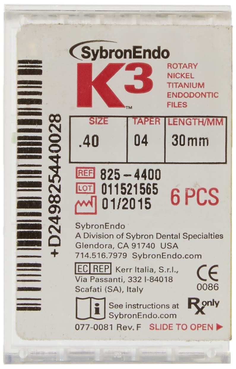 SybronEndo 825-4400 K3 NiTi Endo File, 0.05 mm Taper, Green Taper, 40 Tip Size, Black Tip Color, Nickel-Titanium, 30 mm Length (Pack of 6)