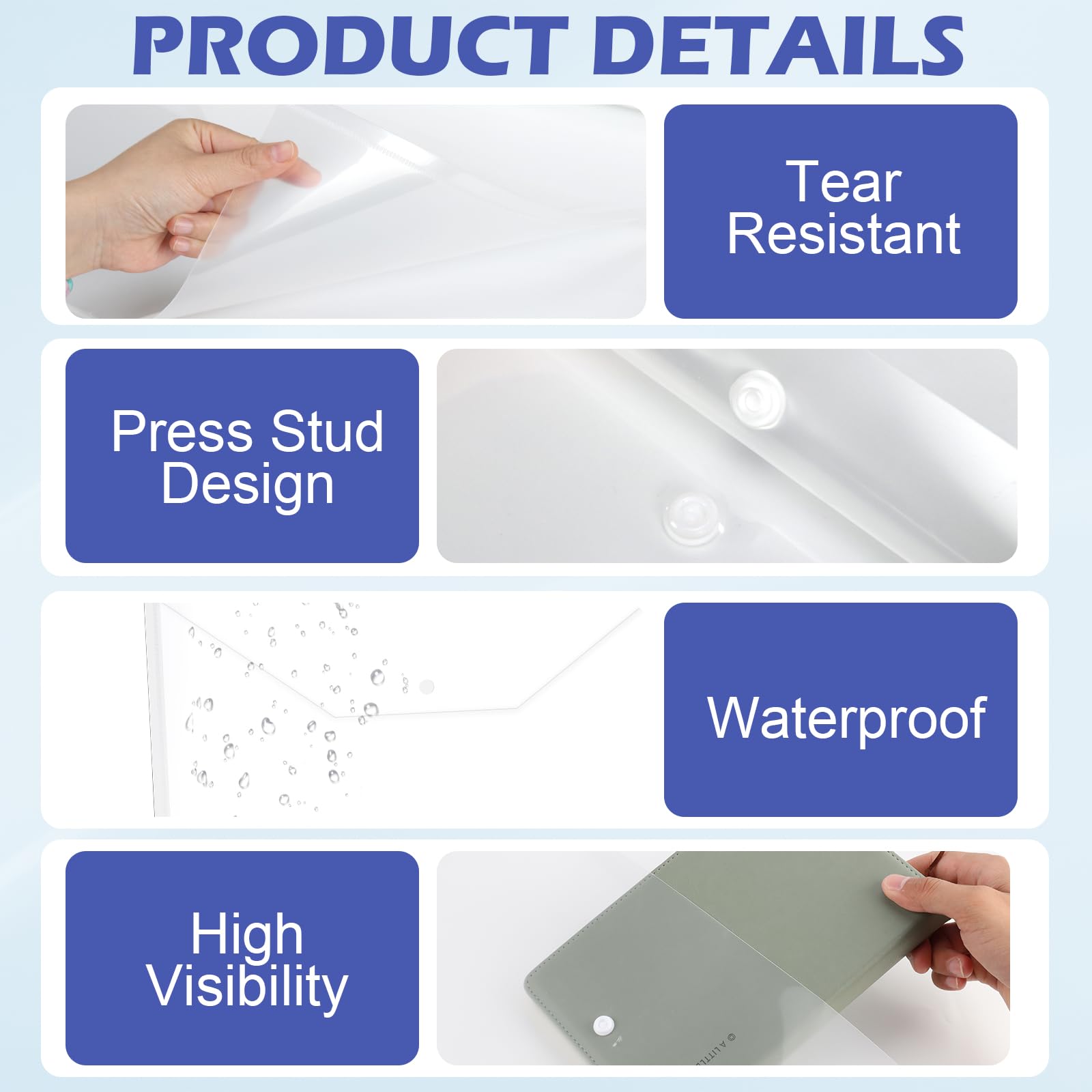 12 Pack A3 Clear Plastic Wallets Transparent A3 Press Stud Wallets Document Holder Waterproof Plastic Wallet Folder Envelope Folders Landscape Document Organizer for Office School Home - Image 3