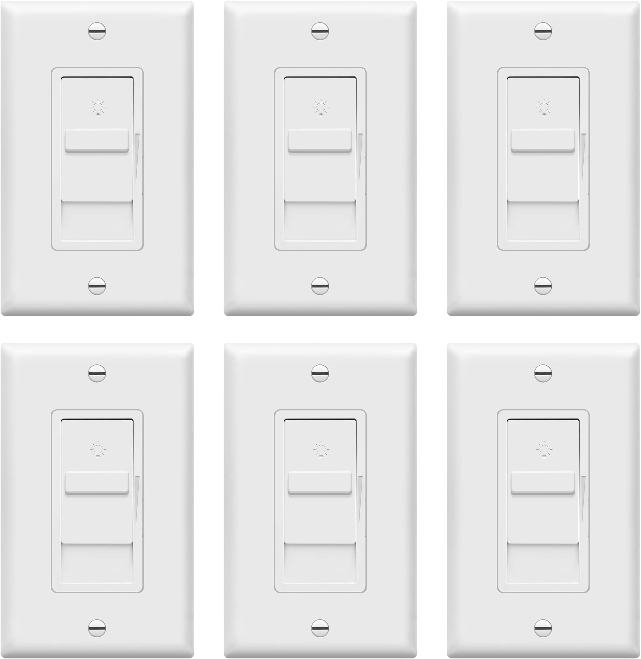 TOPGREENER Digital Dimmer Light Switch for 200W Dimmable LED/CFL Lights, Single Pole Led Slide Dimmer Switch, Neutral Wire Not Required, Wall Plate Included, UL Listed, TGDS1-W-6PCS, White,6 Pack