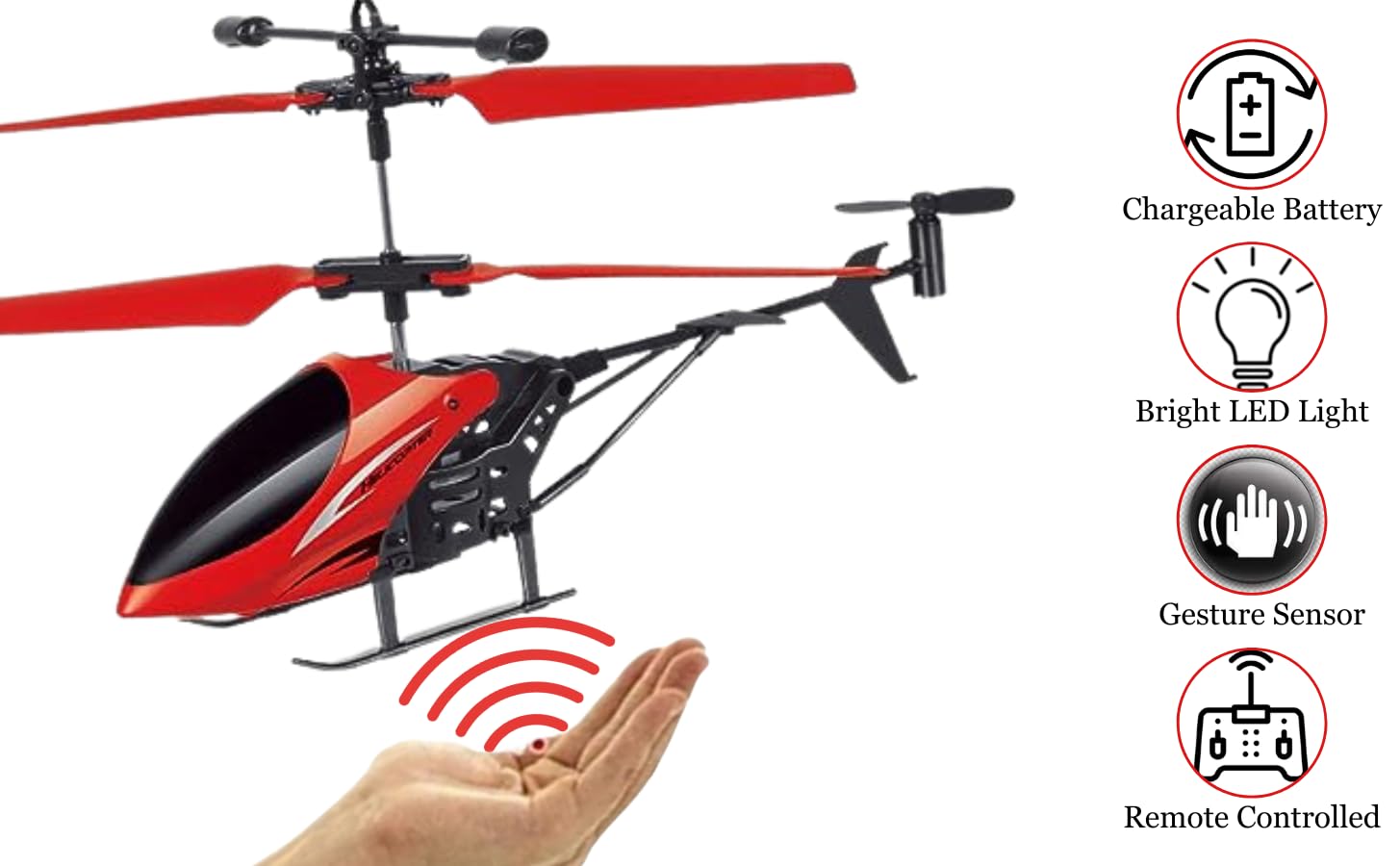 VEZIMON® Gravity Sensor Helicopter Toy for Boys, Safety Sensor Helicopter, Indoor Palm Sensing Helicopter Rechargeable with LED Lights I Red Colour I Pack of 1 (Red) 1