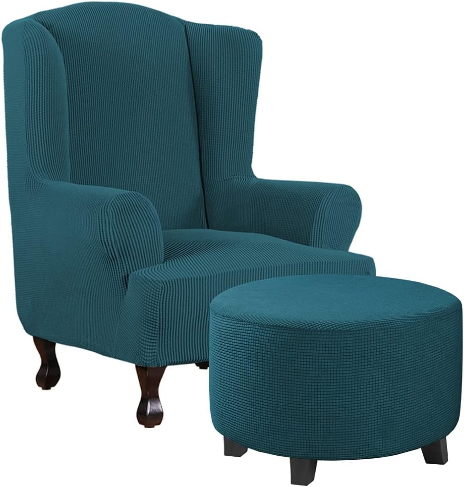 H.VERSAILTEX 1 Piece Wing Chair Covers Bundles Round Ottoman Slipcover(Medium, Deep Teal)