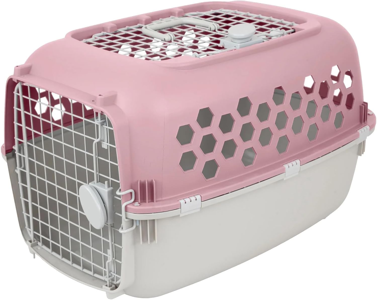 Two-Door Plastic Dog & Cat Kennel, Blue, Top & Front Openings, Heavy-Duty Steel Wire, Side Ventilation, for Pets Up to 30 lbs, 24" L x 16.5" W x 14.5" H (Pink)