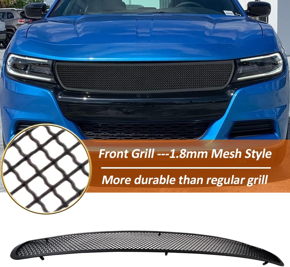 Front Upper Black Stainless Mesh Grille Grill Insert Bolt Over Style Fits 2015-2018 Dodge Charger SXT/SE Sedan/R/T/Enforcer Sedan/Pursuit Sedan & 2019-2021 Charger SXT only (Black Powder Coated)