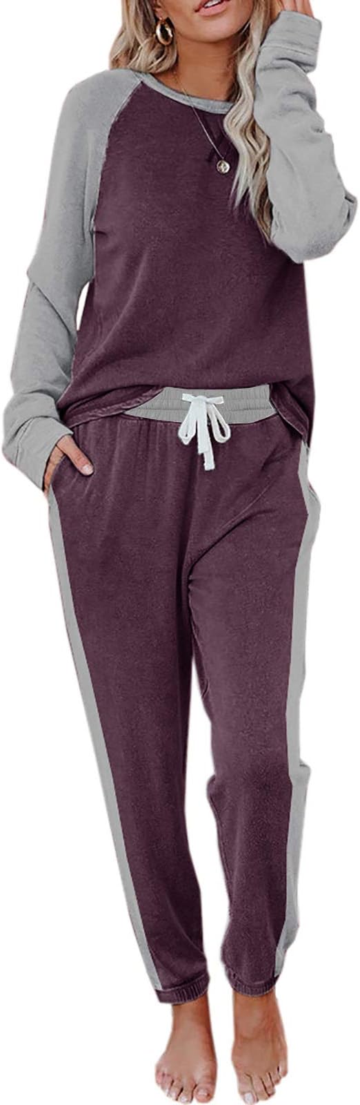 Women's Color Block Sweatsuit Set 2 Piece Long Sleeve Pullover and Drawstring Sweatpants Sport Outfits Sets