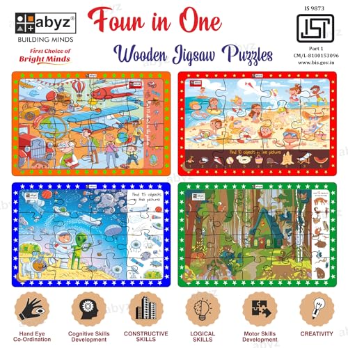 Image of ABYZ Wooden Jigsaw Beach Day, Aviation Museum, Space Visit, Forest Grade Puzzle 63pcs with Find The Things for Kids of Age 3+, Set of 4 Puzzle