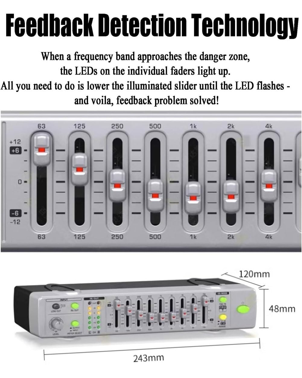 Equalizzatore EQ Grafico Professionale a 9 Bande, Equalizzatore Stereo ad Alta Precisione con Regolazione Alti, Medi e Bassi, Filtro Low-Cut/Luce Display LED/Tecnologia di Rilevamento Feedback