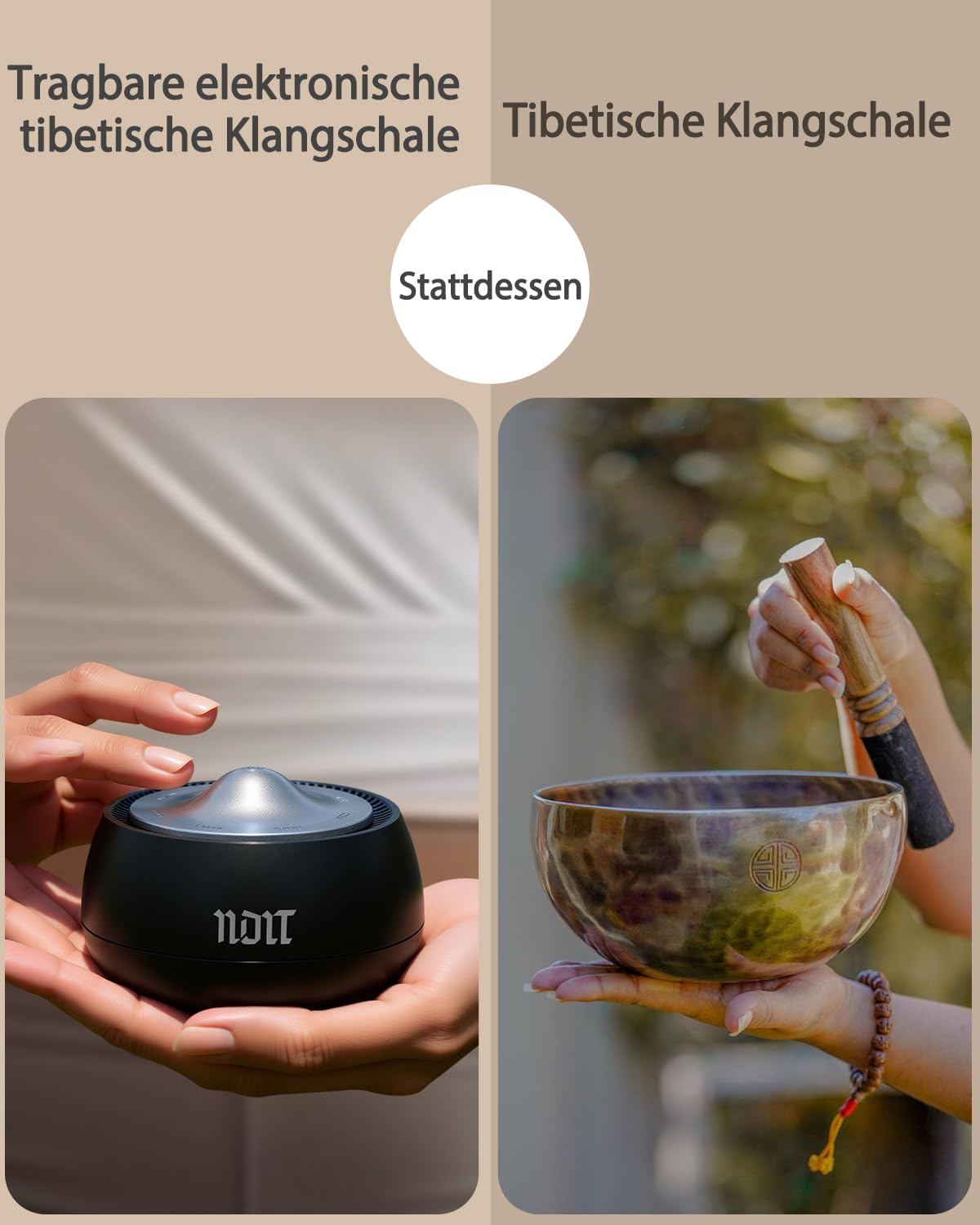 NDLT Tibetische Klangschale, 8 Heilfrequenzen 369-963 Hz, Automatik und Manuell Modus, Vibration Funktion und Timer, USB-C Aufladbar, Praktisches Meditationsgerät für Yoga Übungen, Entspannung, Reiki