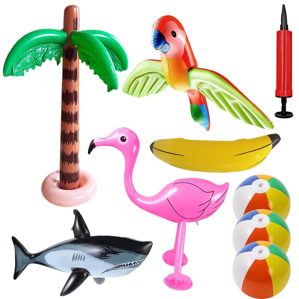 RNPKZ 9 Pack Inflatable Palm Tree Flamingo Shark Parrot Banana Beach Balls Set with Air Pump, Hawaiian Party Decorations, Inflatable Pool Toys, Tropical Party Decorations, Pool Party Inflatables
