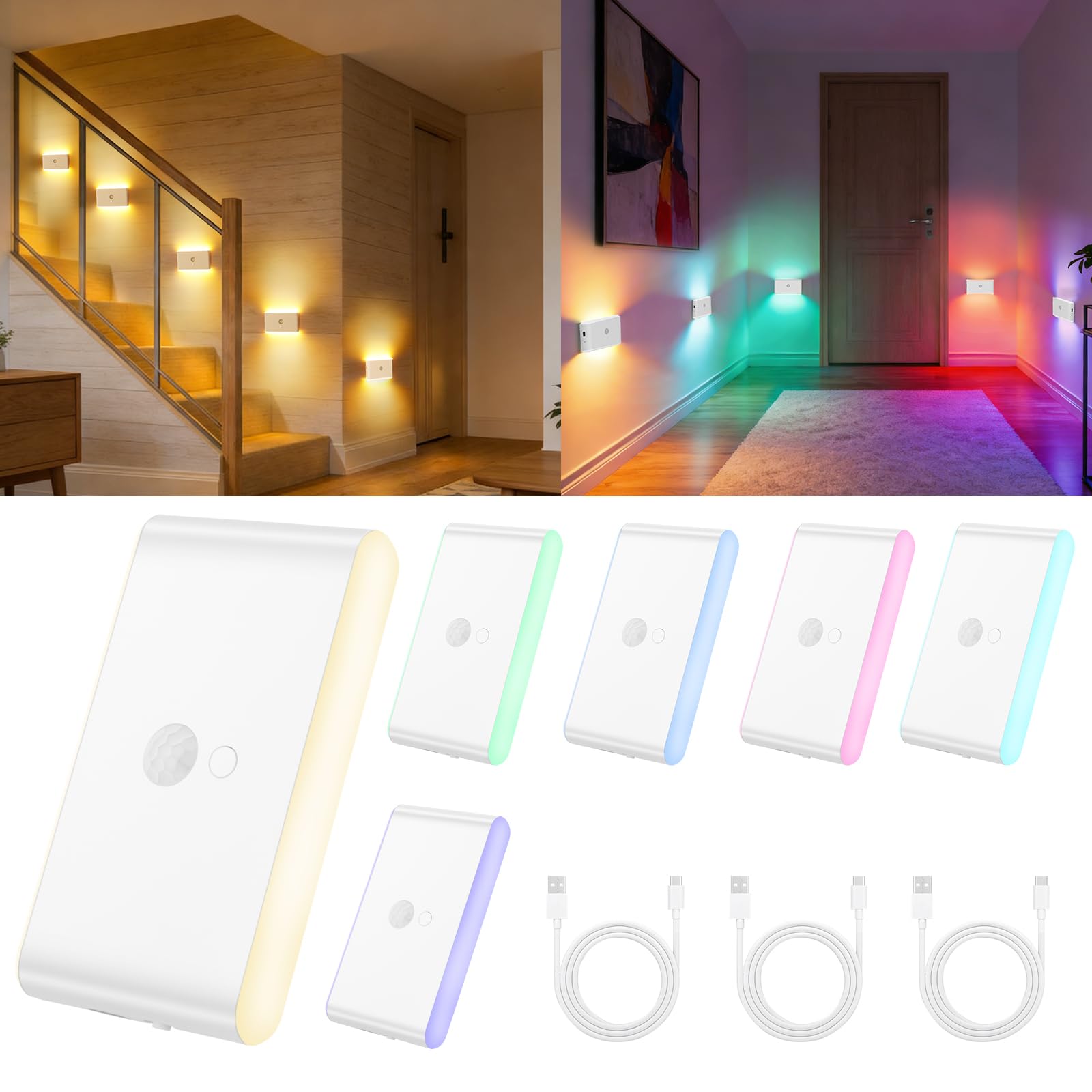 HOTUT Luce Notturna con Sensore di Movimento, 6 Pezzi LED Luce Notturna Ricaricabile USB, AUTO/ON/OFF Luci LED Colorate RGB, Bambini a Magnete Incorporato per Cucina, Scale, Corridoi