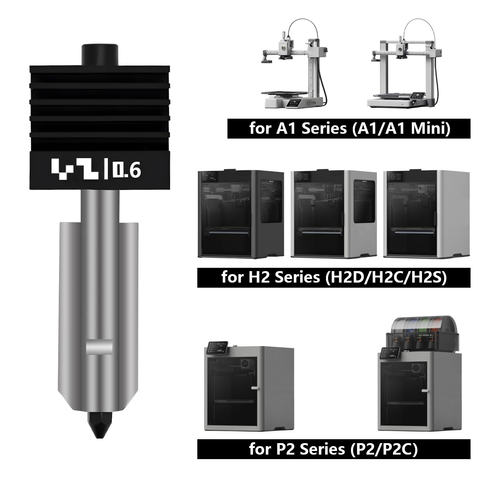 2 sztuki 0,6 mm P2S Hotend, zestaw wymienny do dysz z hartowanej stali, głowica drukująca, Hot End z 2 dyszami 0,2 mm i silikonowymi skarpetkami do drukarki 3D Bambu Lab P2S/H2D/H2C/H2S