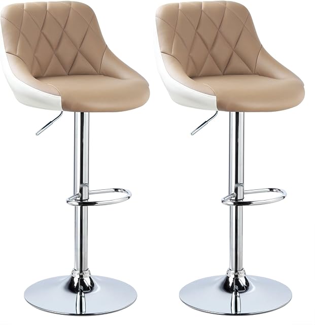 WOLTU Bar Stools Khaki+White Bar Chairs Breakfast Dining Stools for Kitchen Island Counter Bar Stools Set of 2 pcs Leatherette Exterior, Adjustable Swivel Gas Lift, Steel Footrest & Base