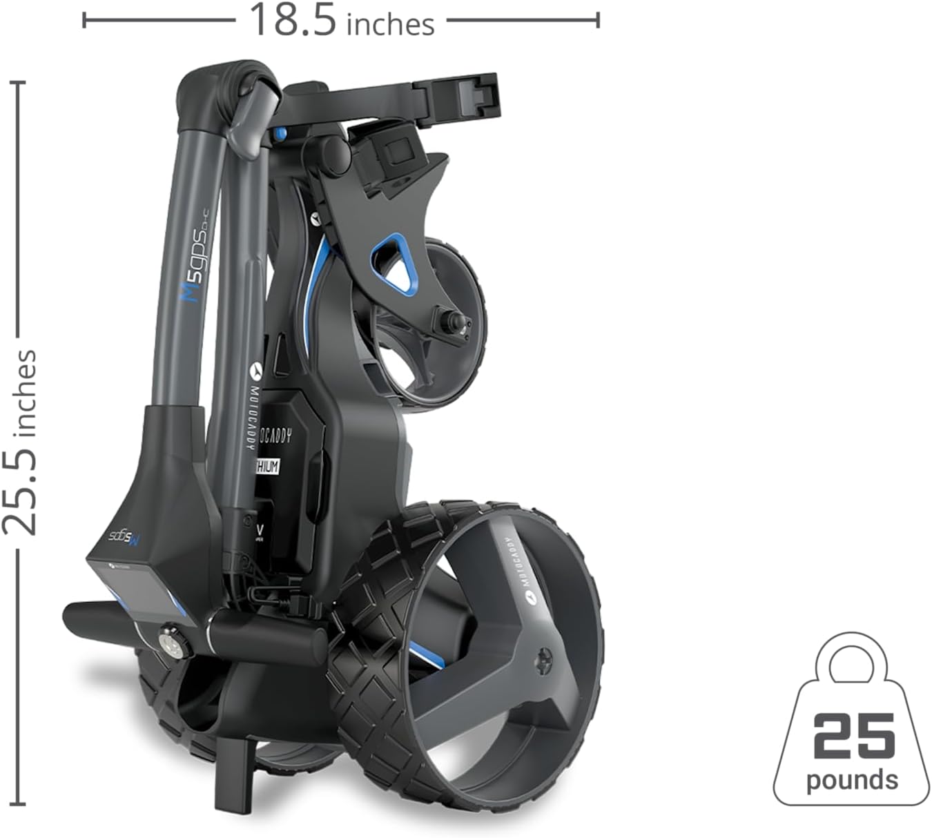 The Motocaddy M5 GPS DHC folded, with dimensions labeled as 25.5 inches high and 18.5 inches wide, and a weight icon indicating 25 pounds.