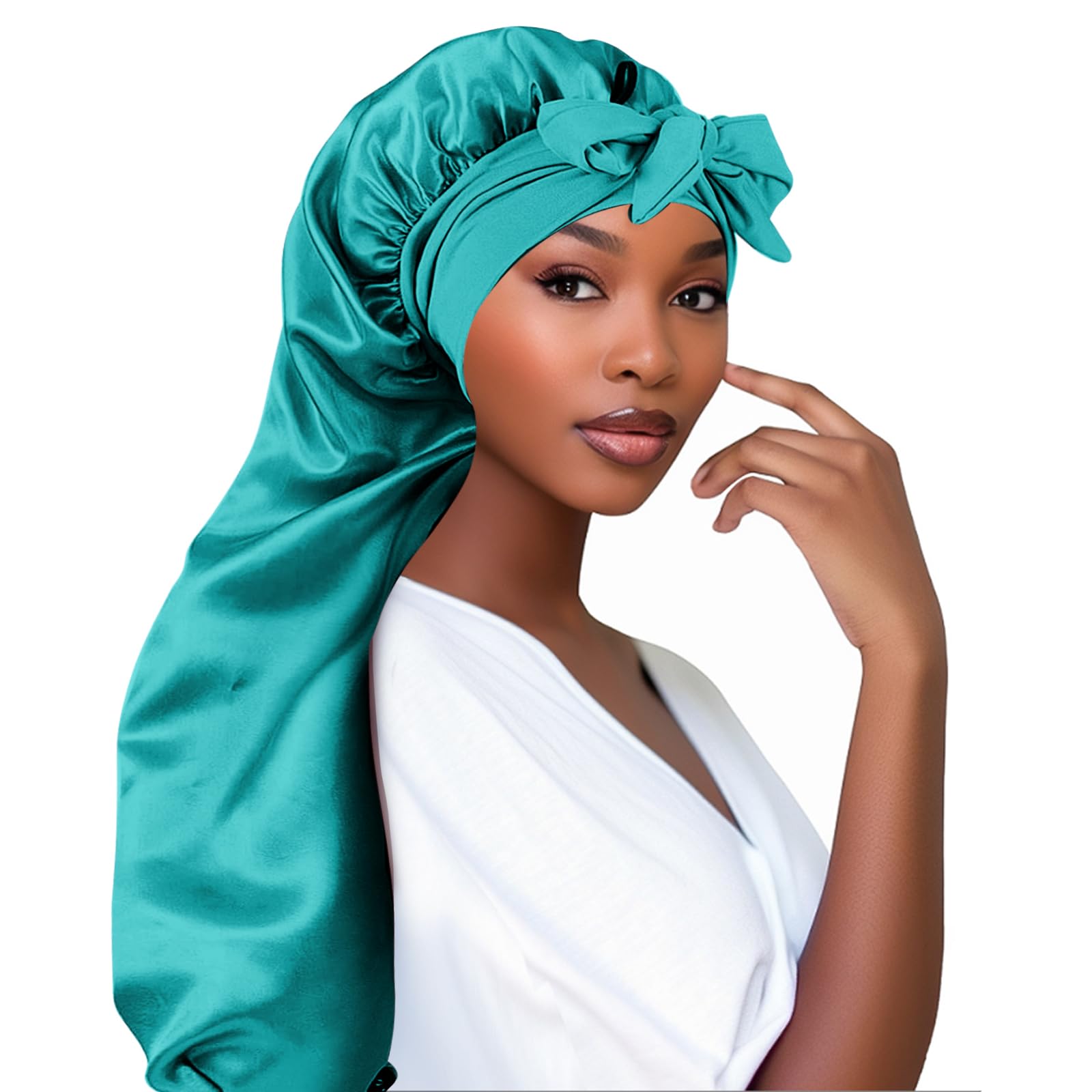 Adorila Extra Long Satin Bonnet for Women, Adjustable Braid Bonnet with Tie Band, Double Layer Elastic Silk Bonnet for Braids Hair Sleeping Cap (Green)