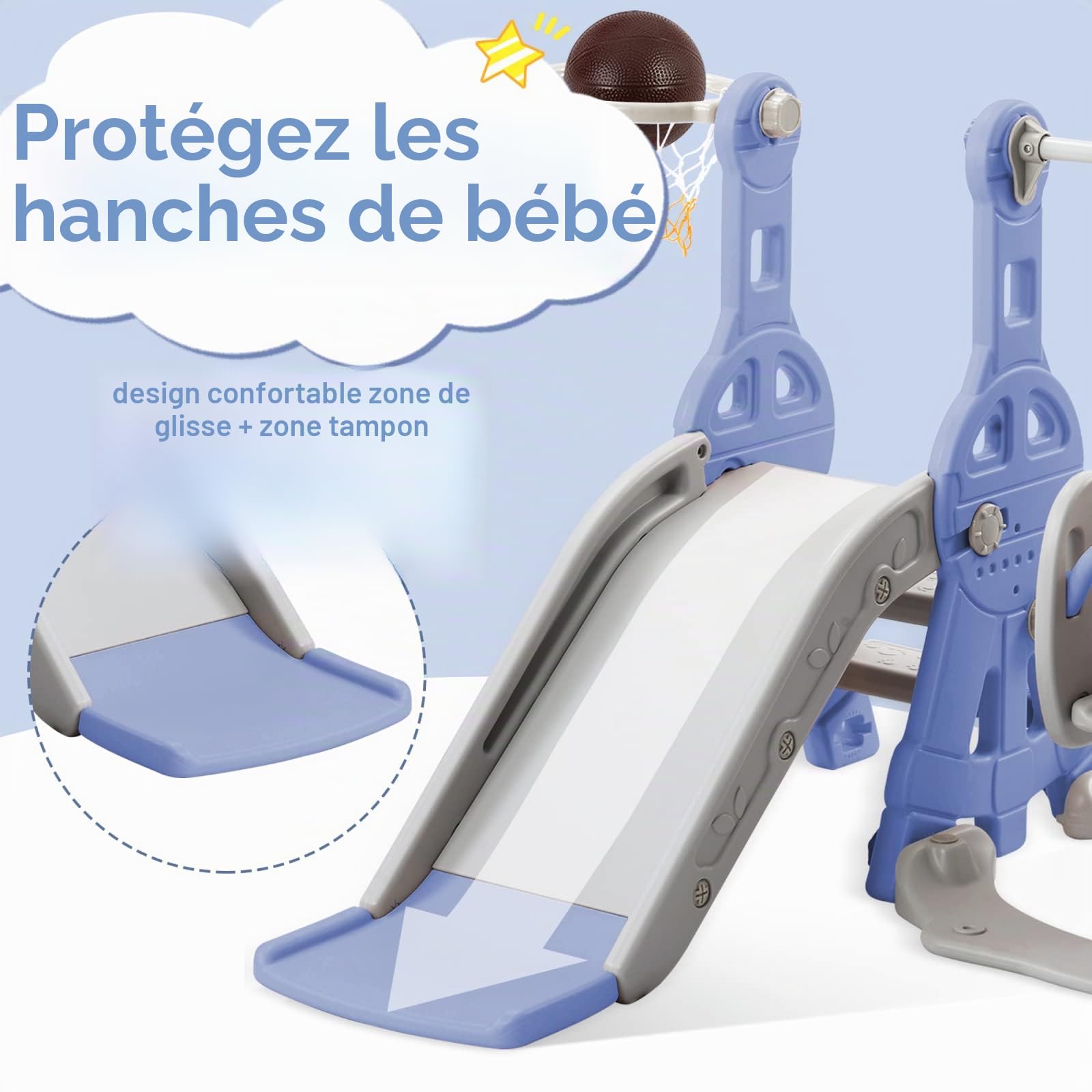 DADEA Toboggan 4 en 1 pour Enfants avec Panier, Toboggan et Balançoire pour Enfants de Plein Air Bleu, Balançoire et Toboggan pour Enfants pour la Maison, 140×118×82 cm, Convient pour une utilisation