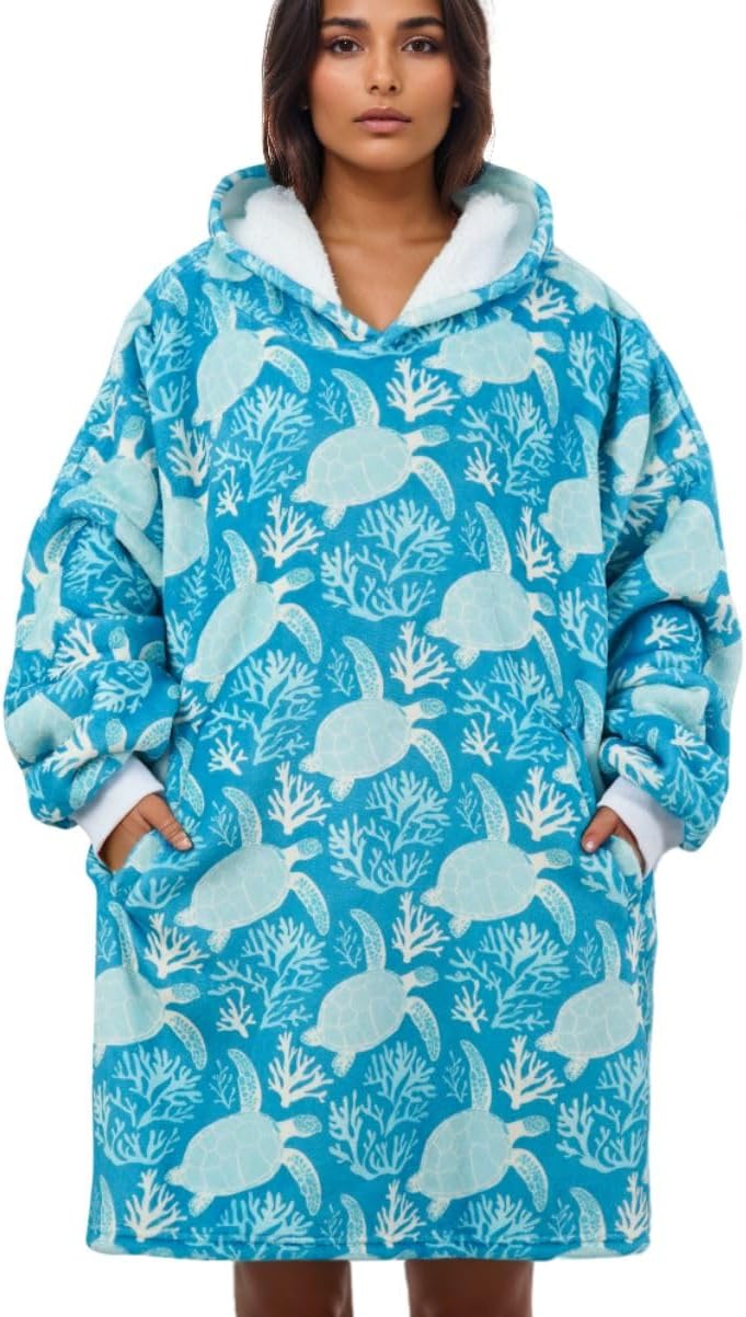 Sea Turtle Gifts for Women Girls, Wearable Flannel Blanket Hoodie, Oversized Flannel Hooded Blanket Sweatshirt, One Size