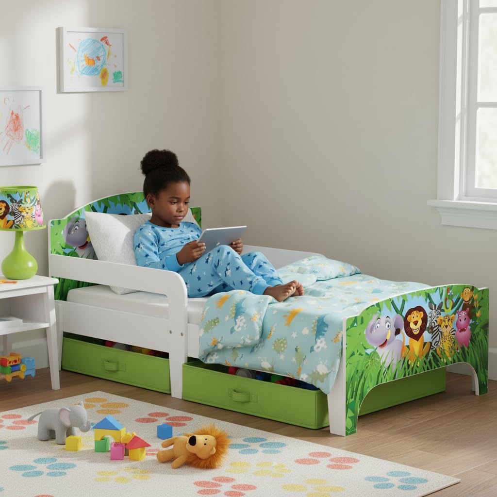 Leomark Letto per Bambini in Legno 140x70 cm SMART con Cassetto, Materasso e Telaio, Stampa Animali Selvaggi