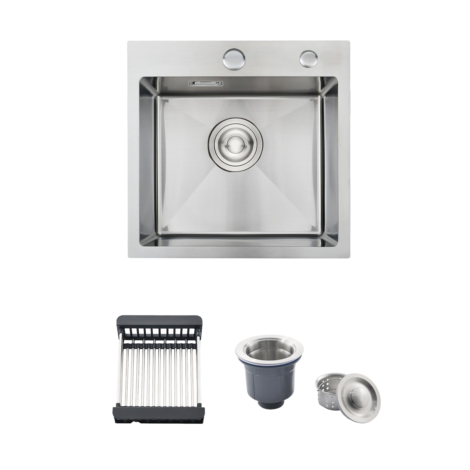 38 x 38 cm Evier Cuisine Inox 1 Bac avec Panier Télescopique, Brossé | Évier 1 Cuve Acier Inox, Pose Encastrée ou Sur Plan, Équipé de 2 Trous Robinetterie, Bonde de Vidange Complète