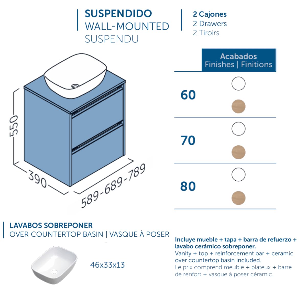 Mueble de Baño Suspendido Fondo Reducido con Lavabo Sobreponer Cerámico para Aseos | Mueble Volado 2 Cajones | 70 cm Roble Natural