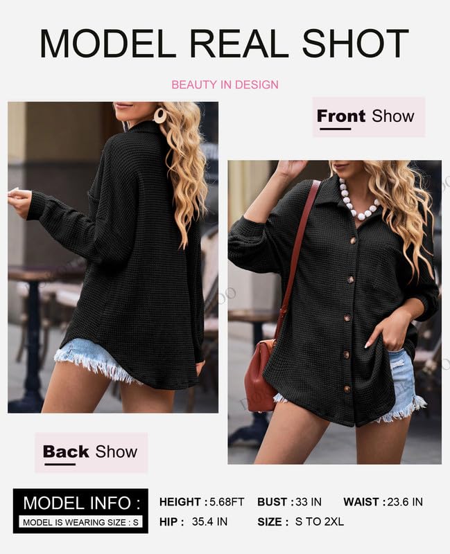 Image of Dokotoo Womens Waffle Knit Shacket Jacket Casual Button Down Shirts Tops | Long Sleeve,Loose Fit,Boyfriend Style,Collared V Neck,Fall Cardiga,Outwear with Pockets