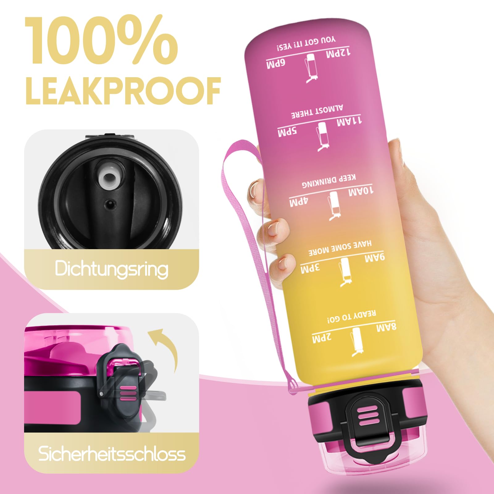 Motswedi Borraccia 1 litro, a Prova di Perdite, Borraccia con Cannuccia, Reutilizables, Bottiglia Acqua, Senza BPA, Borracce per Scuola, Palestra, Ufficio, Yoga, Sport, Rosa Giallastro