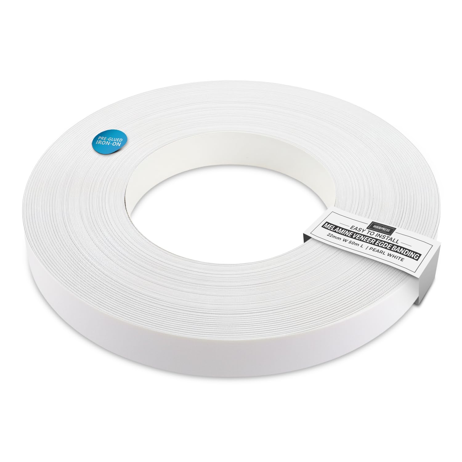 WoodPress® 22mm Pearlised White Melamine Pre-Glued Veneer Edging Tape – 50m Trade Roll – Iron-On Wood Application