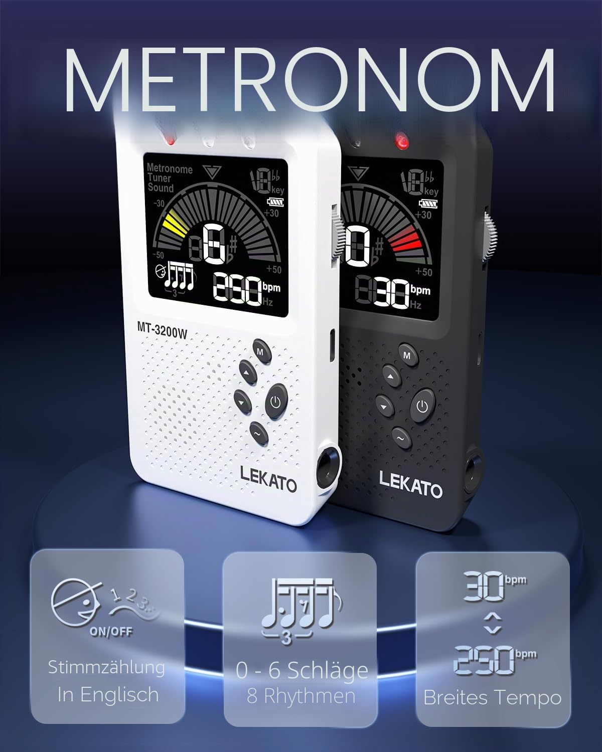 LEKATO Metronom Stimmgerät, Wiederaufladbares 3-in-1 Digital Metronom für Gitarre Bass Violine Ukulele, Vocal Count Option, Farb-LCD-Display Chromatisch Stimmgerät für alle Instrumente, Schwarz