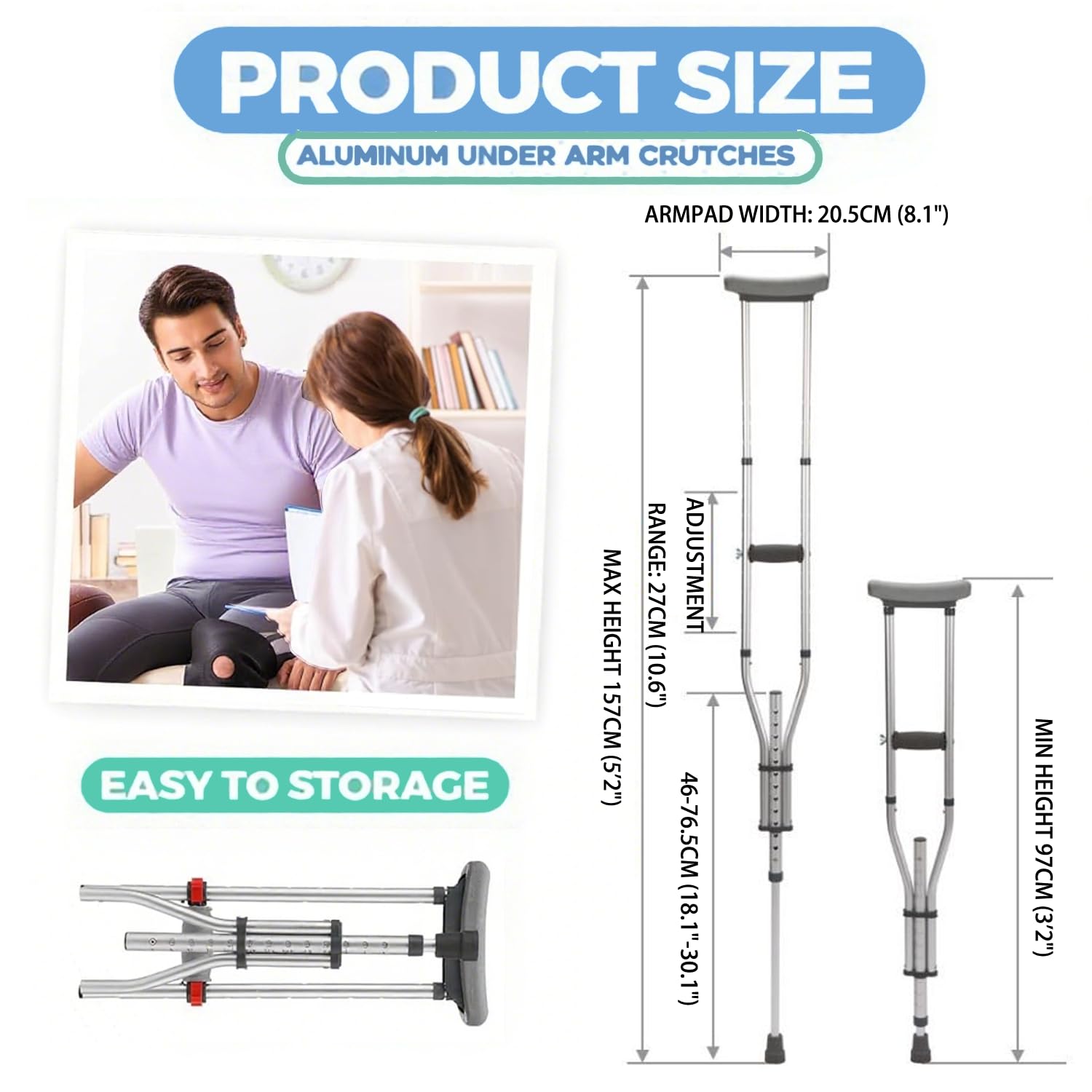 Stampelle Ascellari Regolabili | Stampella in Alluminio Antiscivolo | Supporto fino a 150kg, Regolazione Altezza Semplice | Stampelle per Anziani e Riabilitazione