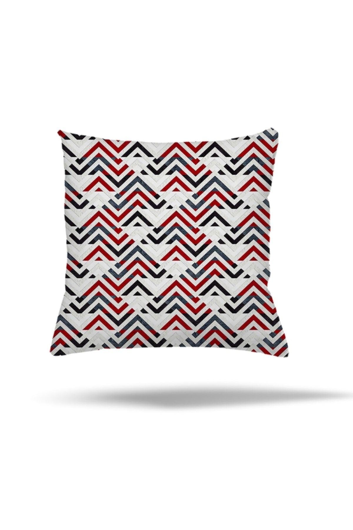 Pelangi Geometrik Karo Zigzak Kilim Desen Gizli Fermuarlı Yastık Kılıfı Kırlent Kılıfı, Bordo-Gri 45 x 45