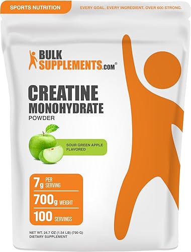 BulkSupplements.com Polvo de Monohidrato de Creatina - Suplemento en Polvo Sabor Creatina, Micronizado - Sabor a Manzana Verde Ácida, 7g por