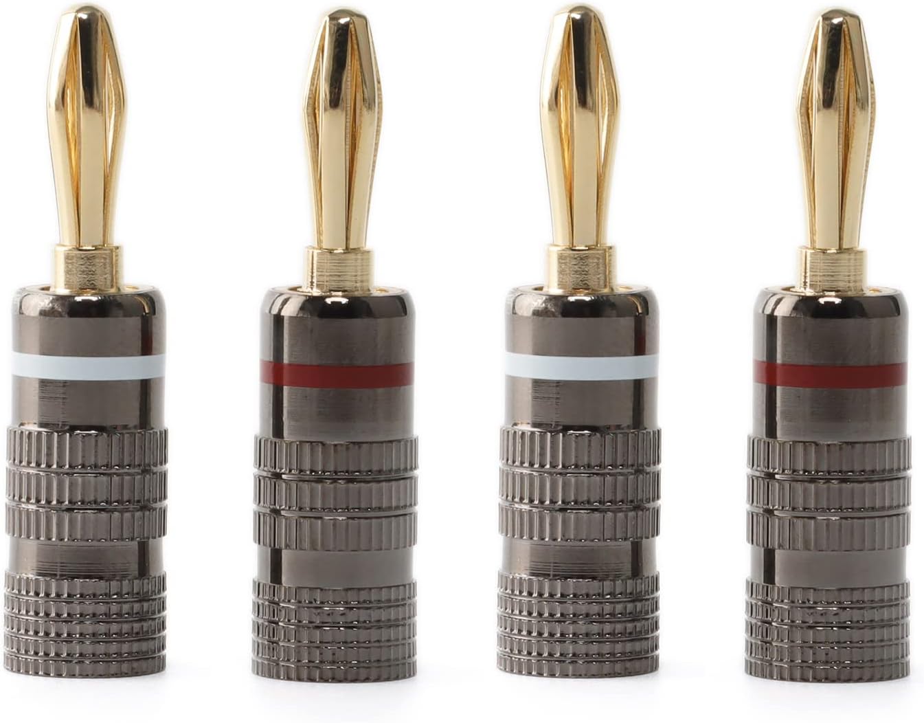 4mm Speaker Banana Plugs 2 Pairs/4 PCS, 24K Gold Plated Banana Plugs for Speaker Wire, Dual Screw Lock Speaker Plug Connector for Amplifier HiFi AV Receiver (2 White and 2 Red)