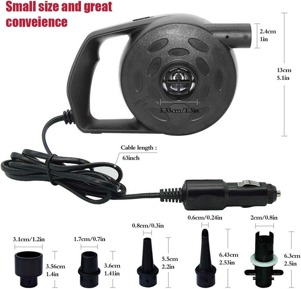 chamvis Electric Air Pump, Portable Quick-Fill Air Mattress Pump for Inflatables with 5 Attachable Accessories Nozzles, 12V DC Inflator/Deflator Pump for Air Mattress Pools Balloons Boats Swimming