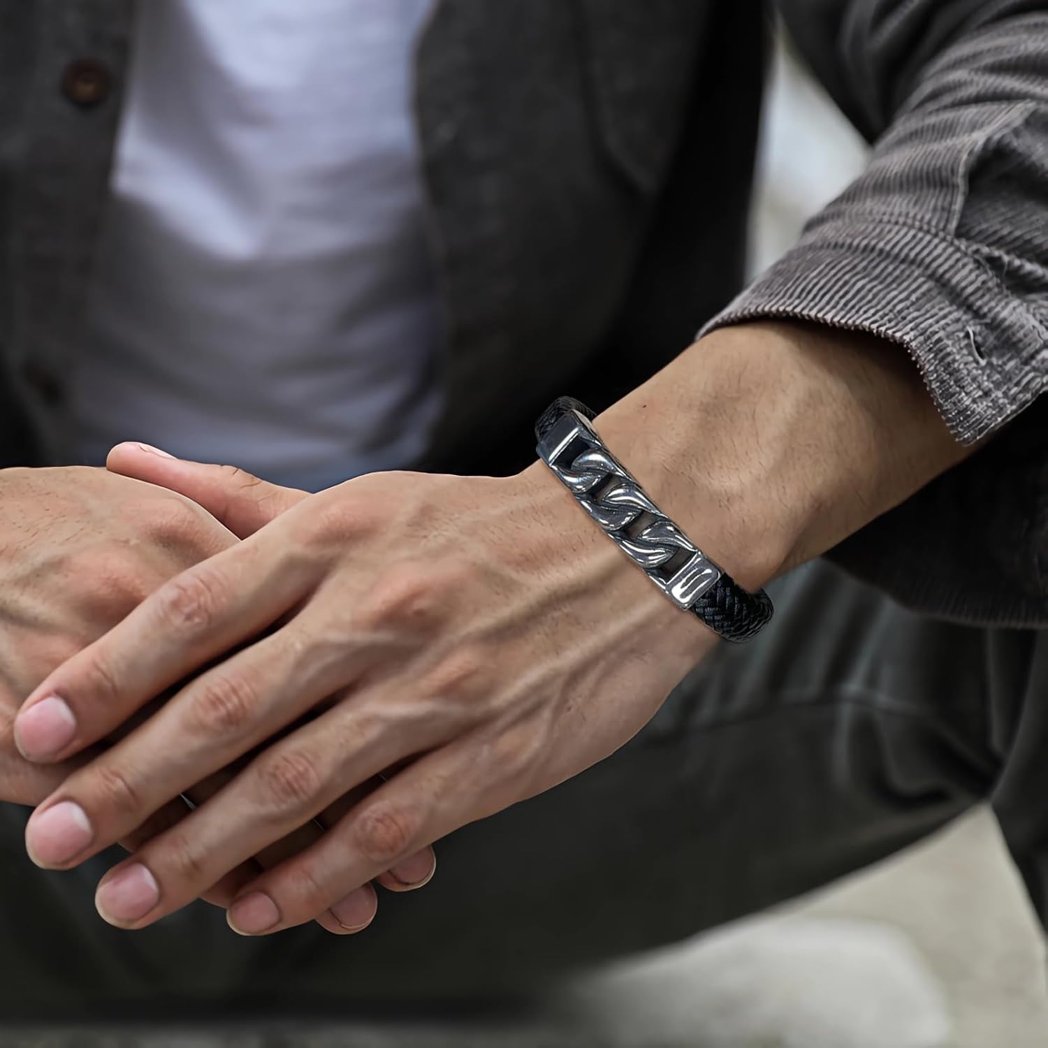 Mens Leather Bracelet Braided Wristband Bangle Cuffs Stainless Steel Jewelry Gifts for Him