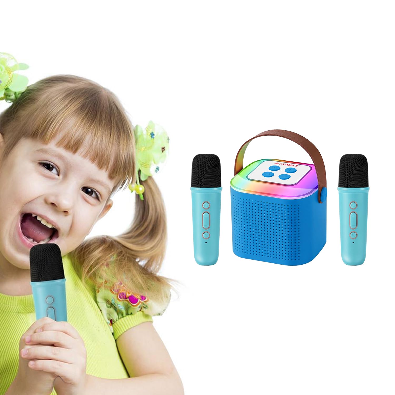 HUMBLE® Kids Mini Karaoke Speaker with 2 Wireless Mic, Bluetooth 5.3 Portable Speaker, Voice Changer Modes, RGB LED Lights, Portable Singing Toy for Girls & Boys Ages 3–12, Birthday Gift, Dual Color | Mini Karaoke Speaker for Kids with 2 Wireless Mic-image-1