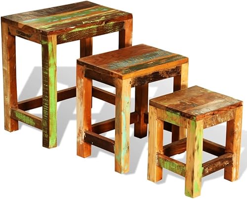 CHARMMA Juego de mesa anidable, 3 piezas, mesas de centro de madera recuperada vintage para sala de estar, mesa apilable para mesa anidable, mesa de